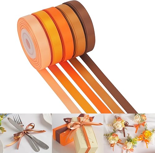 Miniatura 23 de HUIHUANG Cinta fina de satén de 3/8 de pulgada, 5 rollos en total de 50 yardas surtidas champán, amarillo dorado, oro Vegas y oro pálido