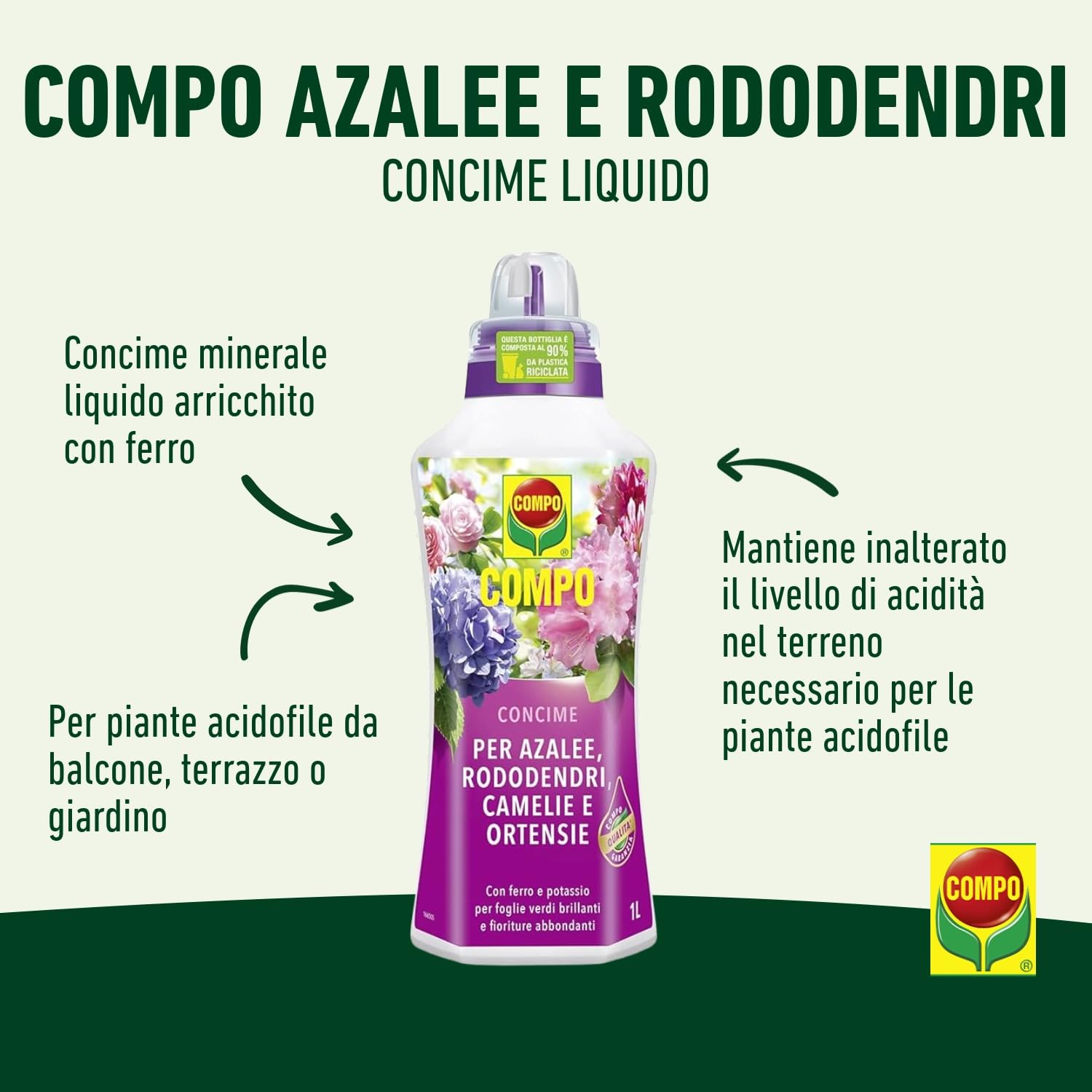 COMPO Concime per Rododendri, Azalee, Camelie e Ortensie, Per tutte le Piante acidofile da balcone, terrazzo o giardino, 1 l - 3