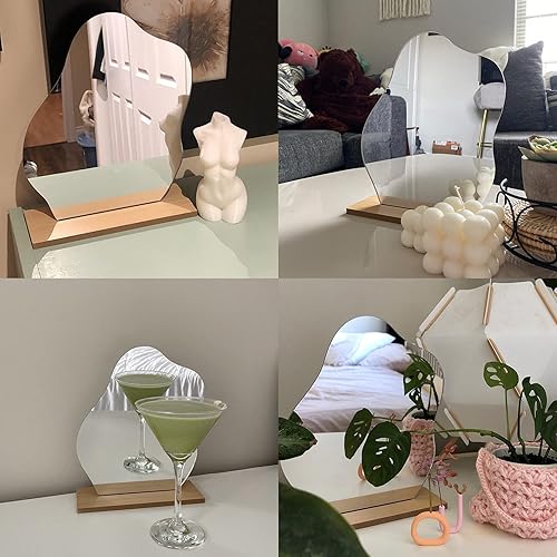 Miniatura 6 de Espejo de tocador estético irregular, sin marco, espejos decorativos de acrílico con soporte de madera para sala de estar, dormitorio, oficina y