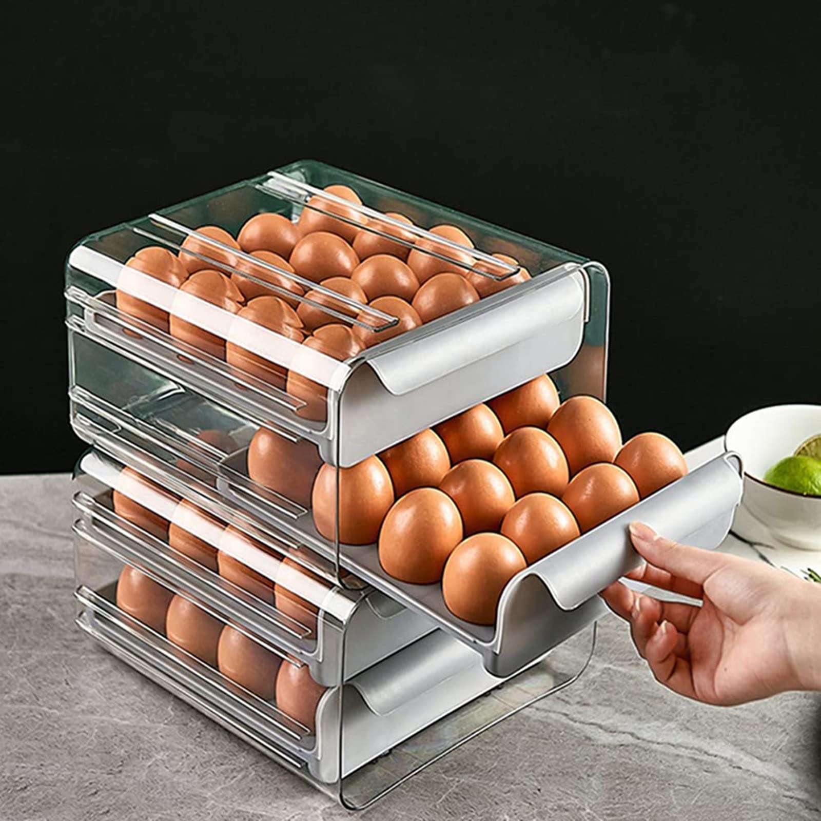 Eggs Storage for Kitchen Fridge, Double Layer Egg Container Can Store 32 Eggs, Drawer Type Egg Storage Box Can Keep Eggs Fresh, Fridge Kitchen Table Top Stackable Egg Trays