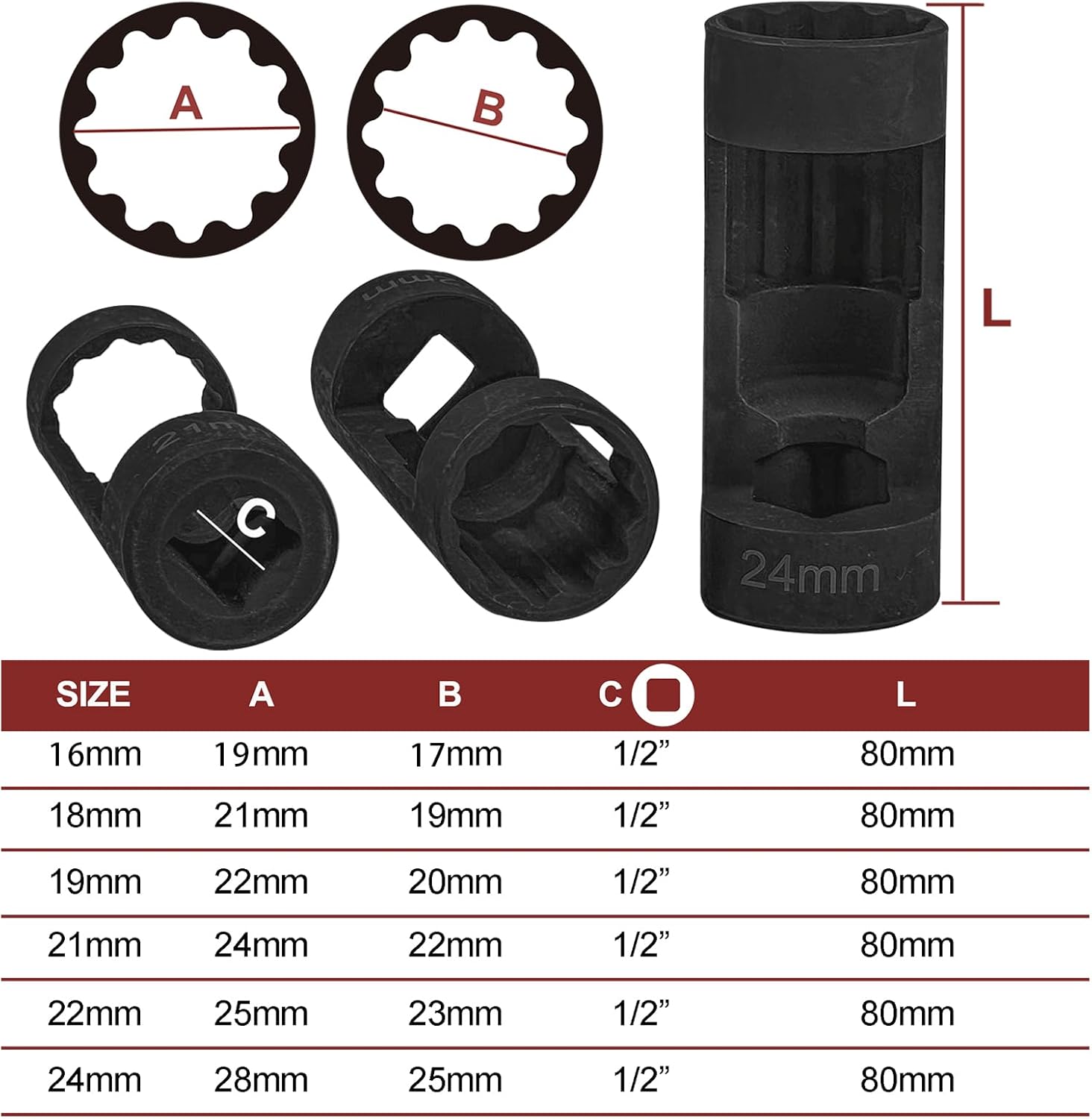 6pcs Strut Nut Socket 16mm 18mm 19mm 21mm 22mm 24mm with 12 Point 1/2" Drive, Suspension Strut Nut Socket Tool for Hex Wrench (6pcs)