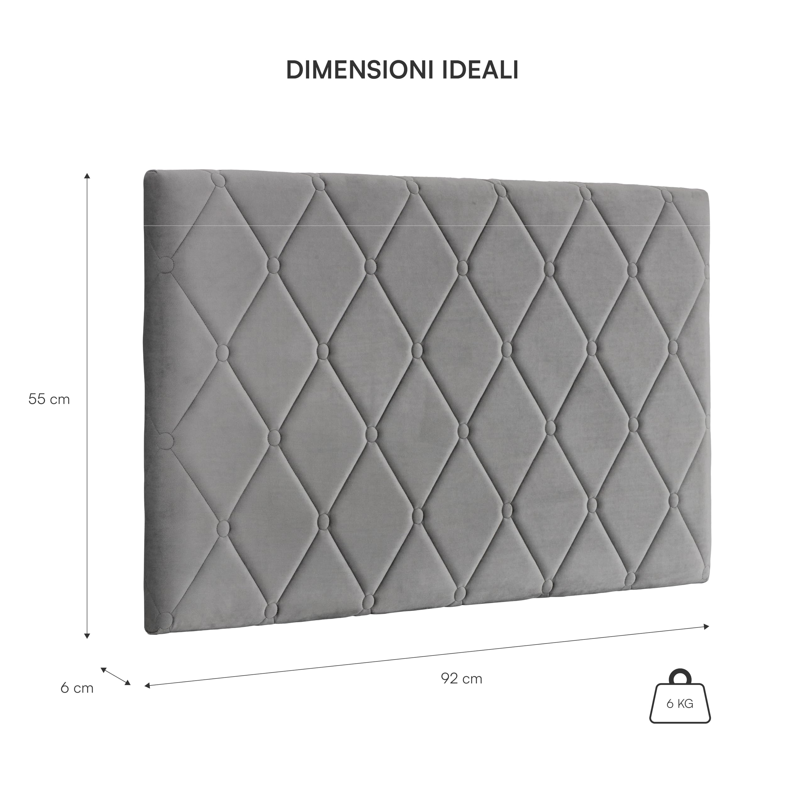 Baroni Home Testata del Letto Imbottita in Velluto Grigio con Struttura Interna in MDF, Doppio Gancio in Acciaio e Altezza regolabile, Facile Montaggio a Muro, Design Elegante e Confortevole, 92x55 cm
