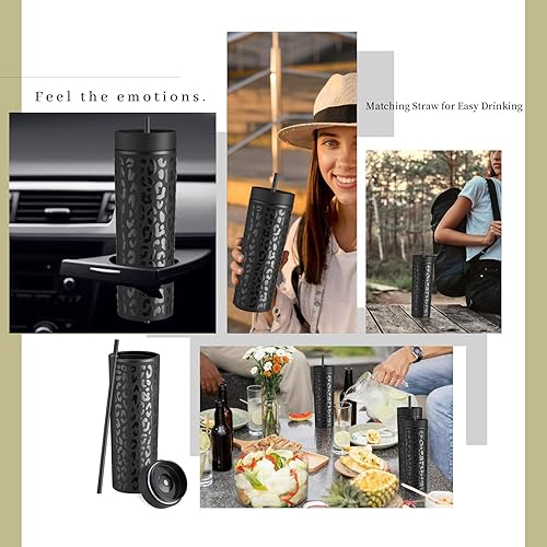 Miniatura 4 de XUWAIDSGN Paquete de 2 vasos de acrílico de leopardo negro con tapa y pajilla, 16 onzas, de plástico de doble pared con estampado de leopardo negro,