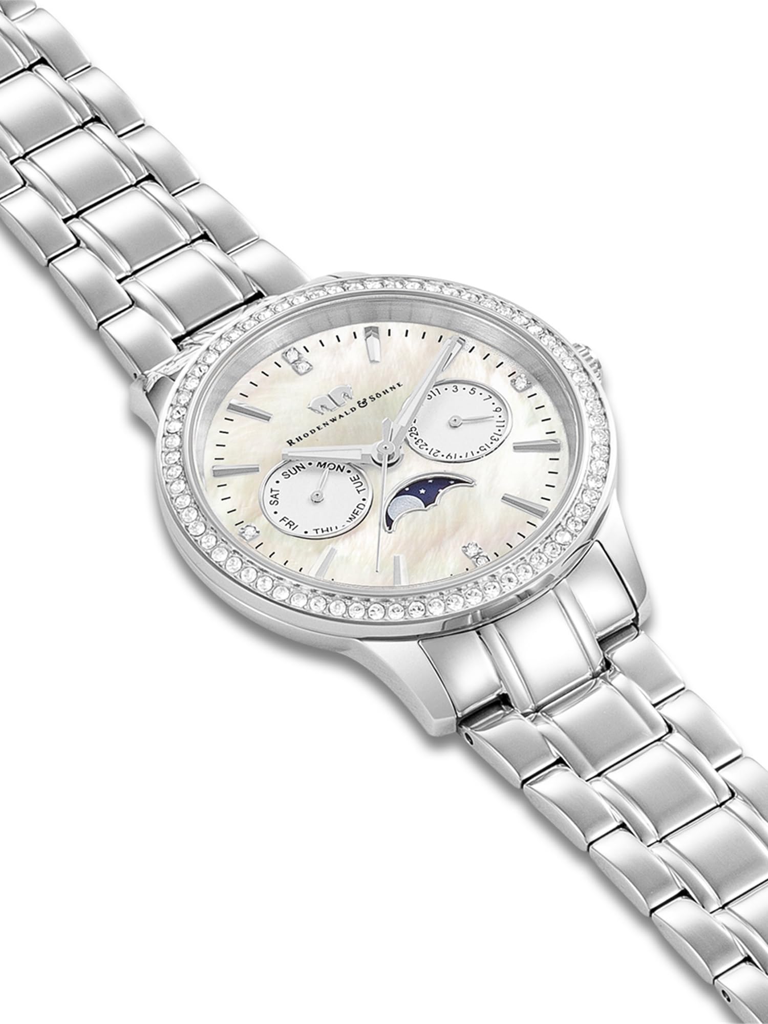 Rhodenwald & Söhne Damen Uhr analog Quarzwerk Multifunktion(en) mit Edelstahl Gliederarmband 3 ATM - verziert mit Kristallen