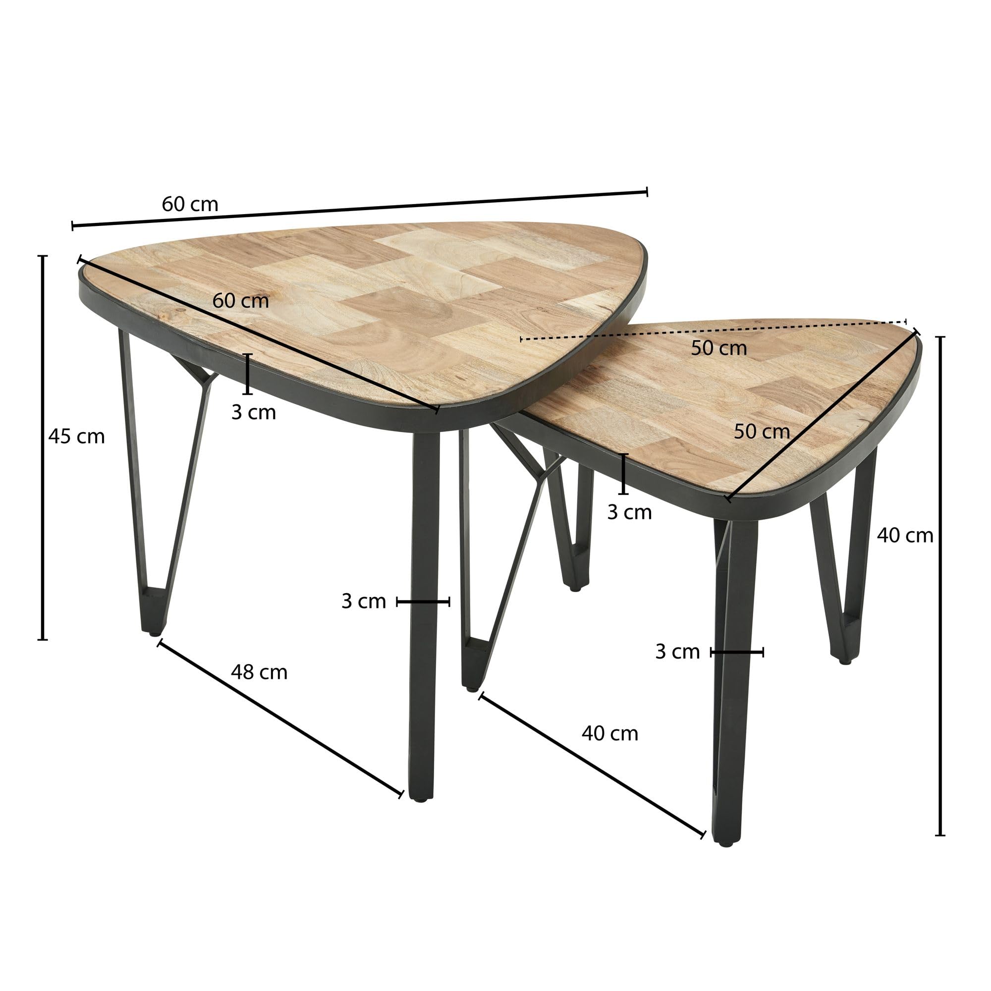 FineBuy Design Couchtisch 2er Set Mango/Akazie Massivholz Satztisch Dreieckig, Wohnzimmertisch Braun mit Metallbeine, Tischset 2-teilig Satztisch Holz/Metall Schwarz
