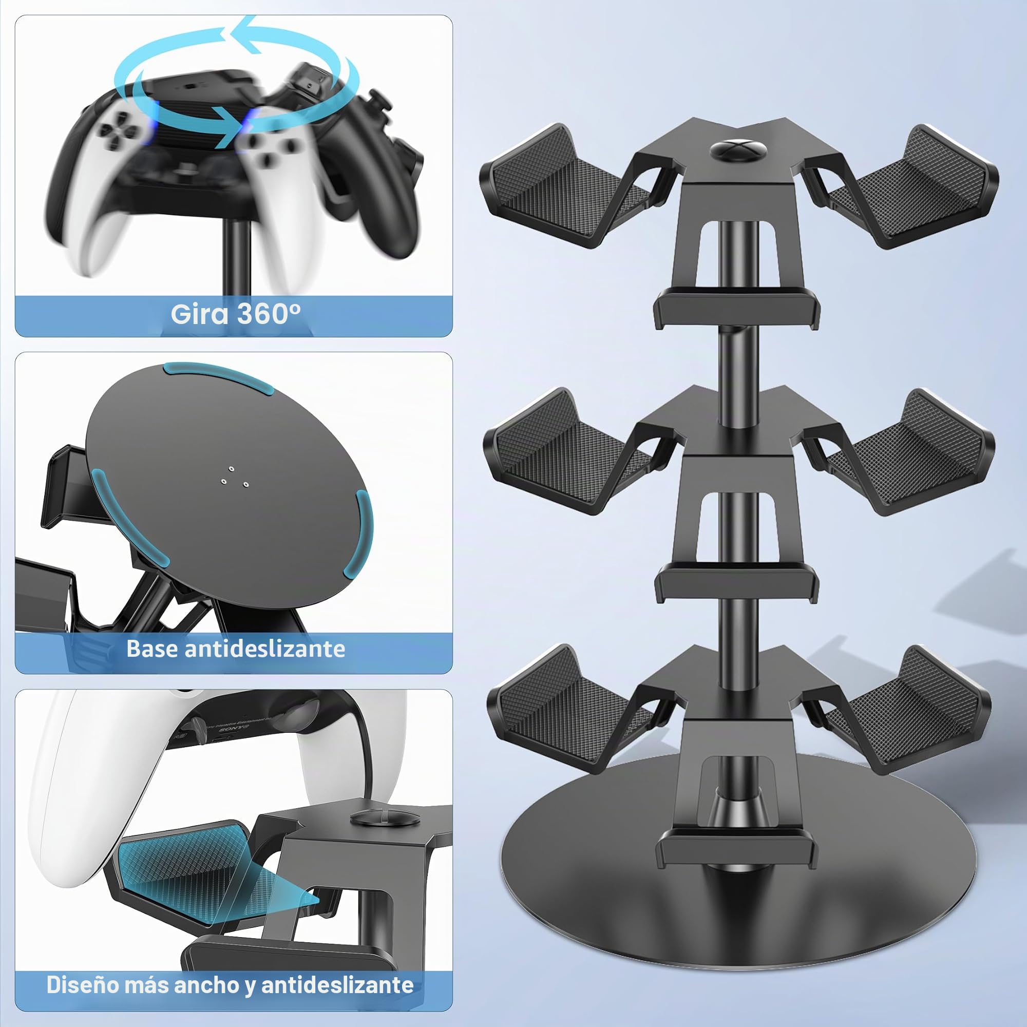 Soporte Mando y Cascos, 3 Niveles Soporte Auriculares para Mesa, 9 de Gran Capacidad para Organizador Mandos, Controller Holder Giratorio para Accesorios Gaming, Fácil de Guardar y Ensamblar, 3 Nivel
