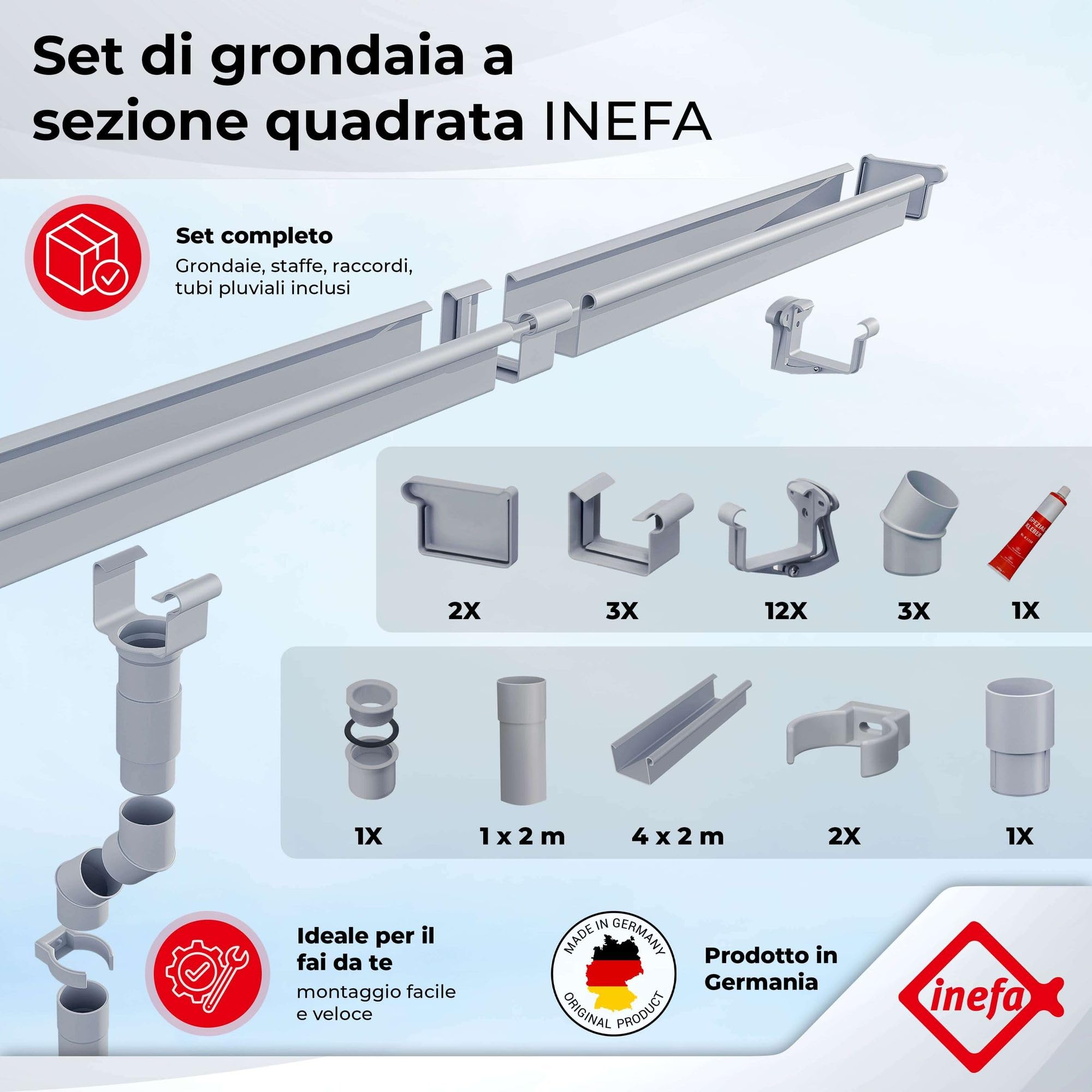 INEFA Set grondaia PVC NW83 83mm grondaia a cassetta 8m grigio per casetta giardino carport terrazza 1 falda