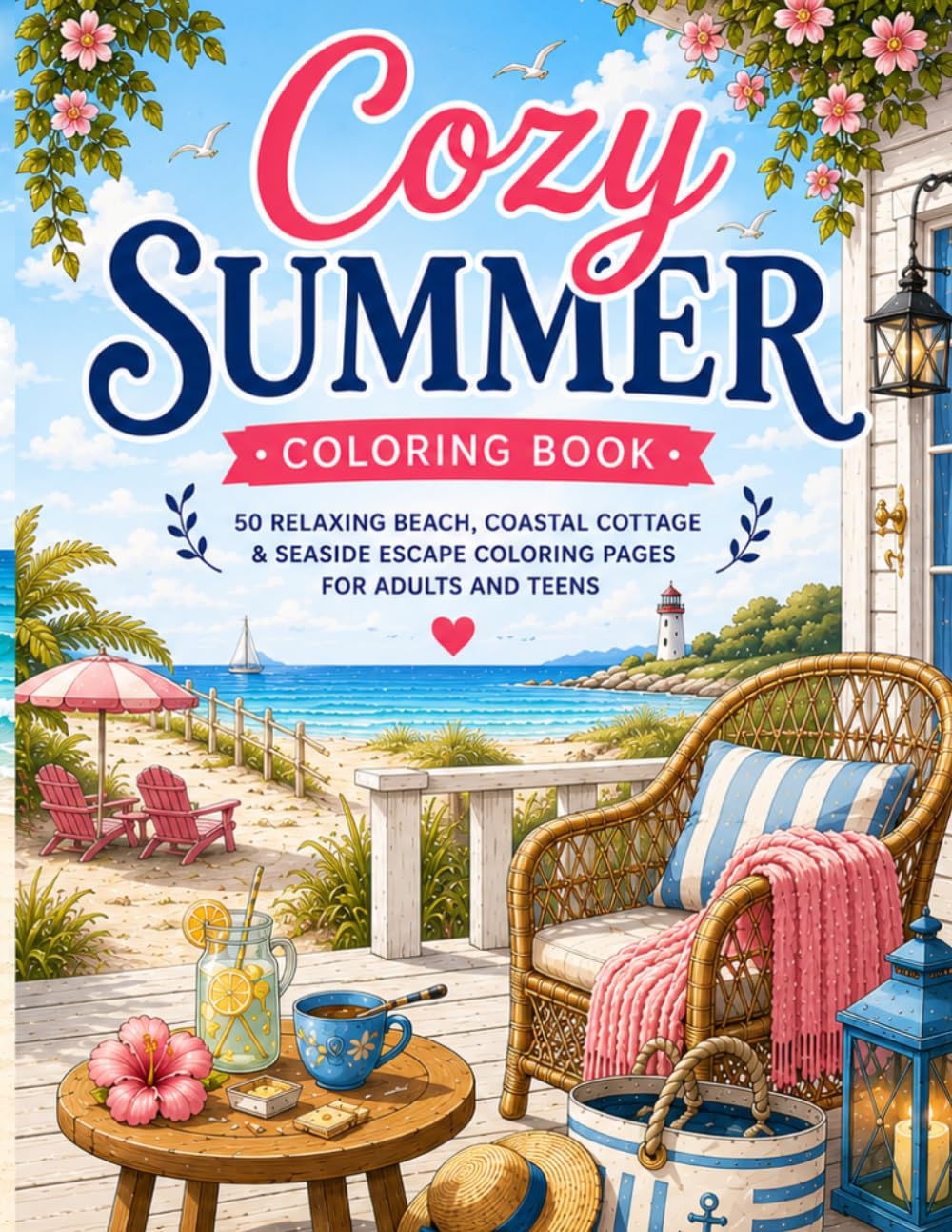 Cozy Summer Coloring Book: 50 Relaxing Beach, Coastal Cottage & Seaside Escape Coloring Pages for Adults and Teens (Cozy Seasons)