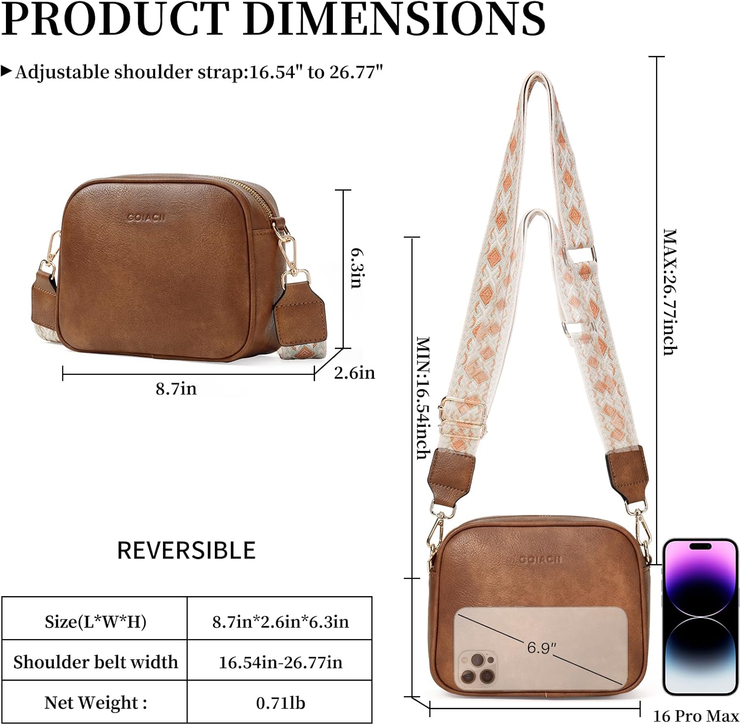 GOIACII Crossbody Bags 6-Pockets Purses for Women Vegan Leather Purses Small Shoulder Handbags with Wide Strap - Image 5