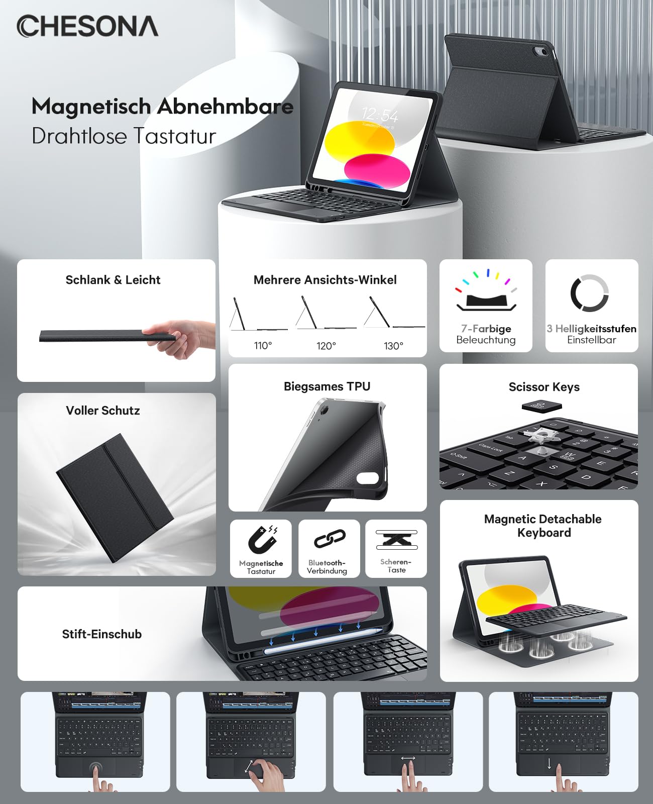 CHESONA Hülle mit Tastatur für iPad 10 Generation/11 Generation A16 2025, 7 Farben Beleuchtung, Multi Touch Trackpad, 2 Bluetooth Kanäle für Neu iPad 10. Gen 2022/2025 11", Schwarz