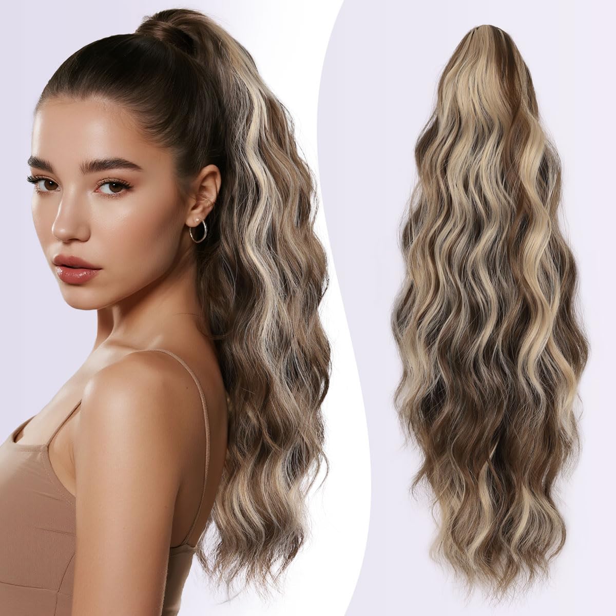 JIAMEISI Ponytail Extension 18 Inch Claw Clip Ponytail Hair Extensions Long Curly Wavy Highlight Clip in Pony Tails Extension Synthetic Fluffy Hairpiece for Women (Chestnut Brown Mixed Ash Blonde)