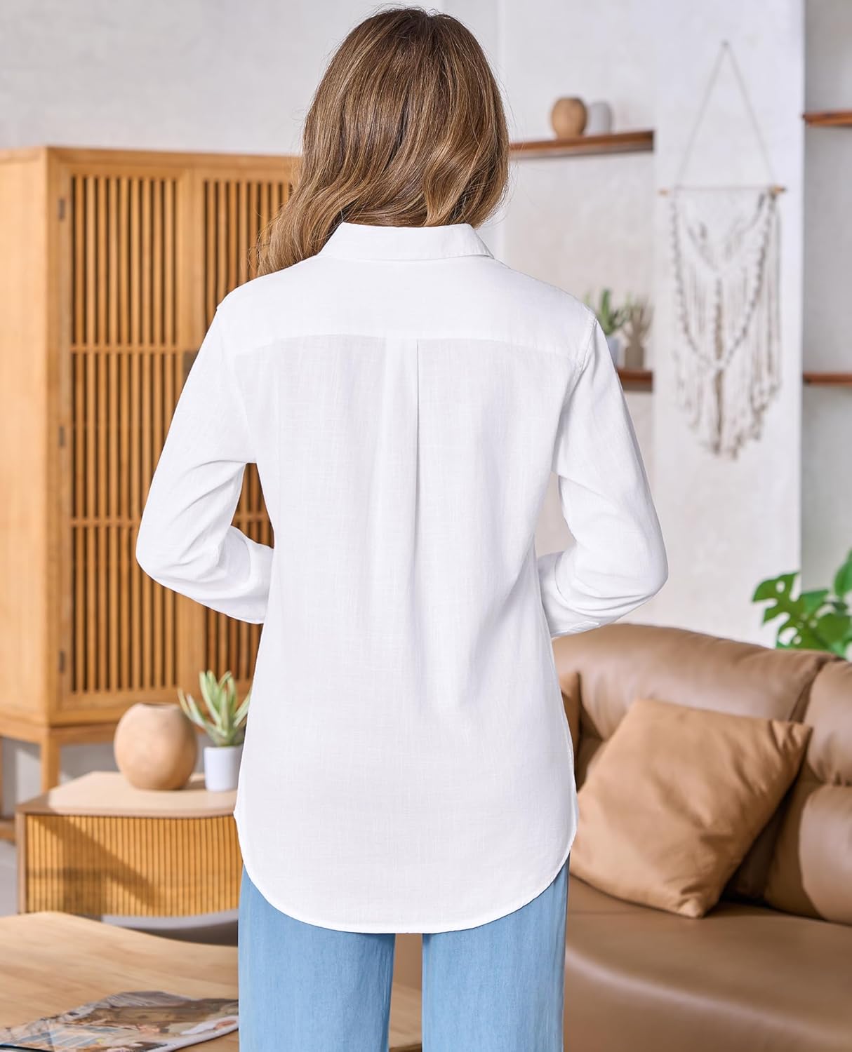 siliteelon Womens Button Down Shirt Linen Button Up Shirts for Women Long Sleeve Summer Shirt Collared Blouse Linen Tops - Image 2