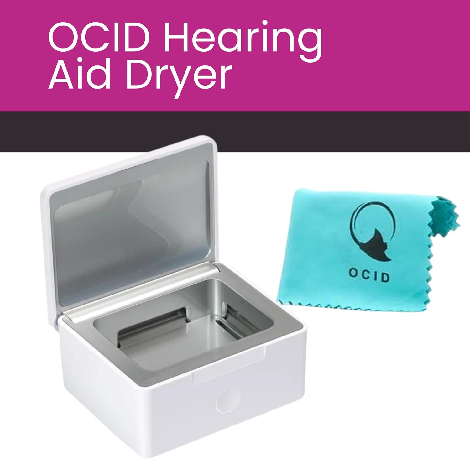 OCID Hearing Aid Dryer & Dehumidifier for OTC Devices, Electric Cleaning & Drying Box with Microfiber Cloth, Lithium Battery Powered, Portable Compact Case