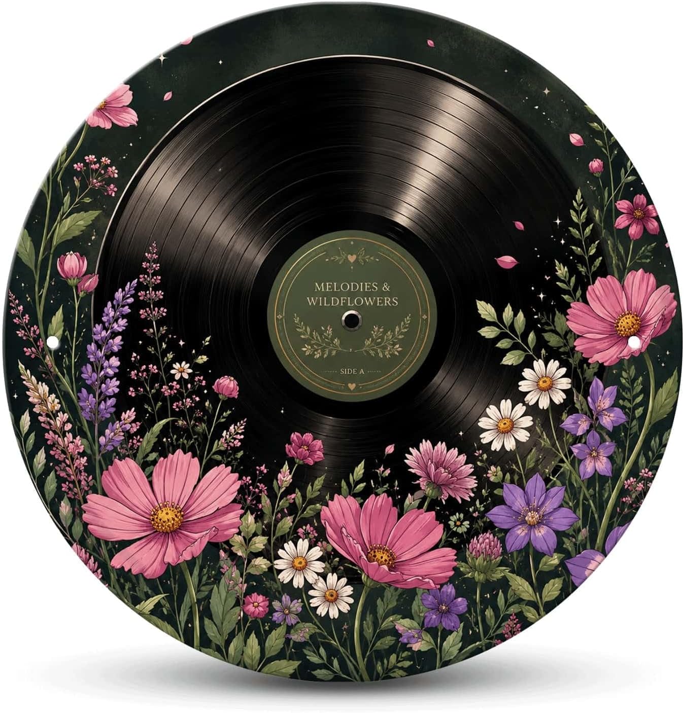 Vinyl Record Wildflower Round Tin Sign, Music Flower Art Wall Decor