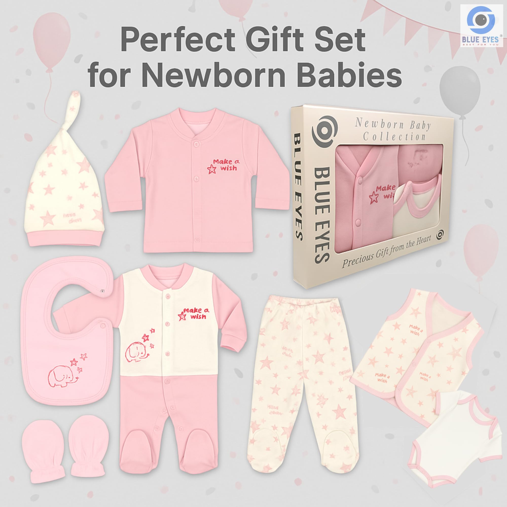 Blue Eyes Set de regalo para recién nacidos, 100 % algodón natural, equipamiento inicial, ropa unisex, set de regalo para bebés de 0 a 4 meses, 10 piezas (estrella rosa)
