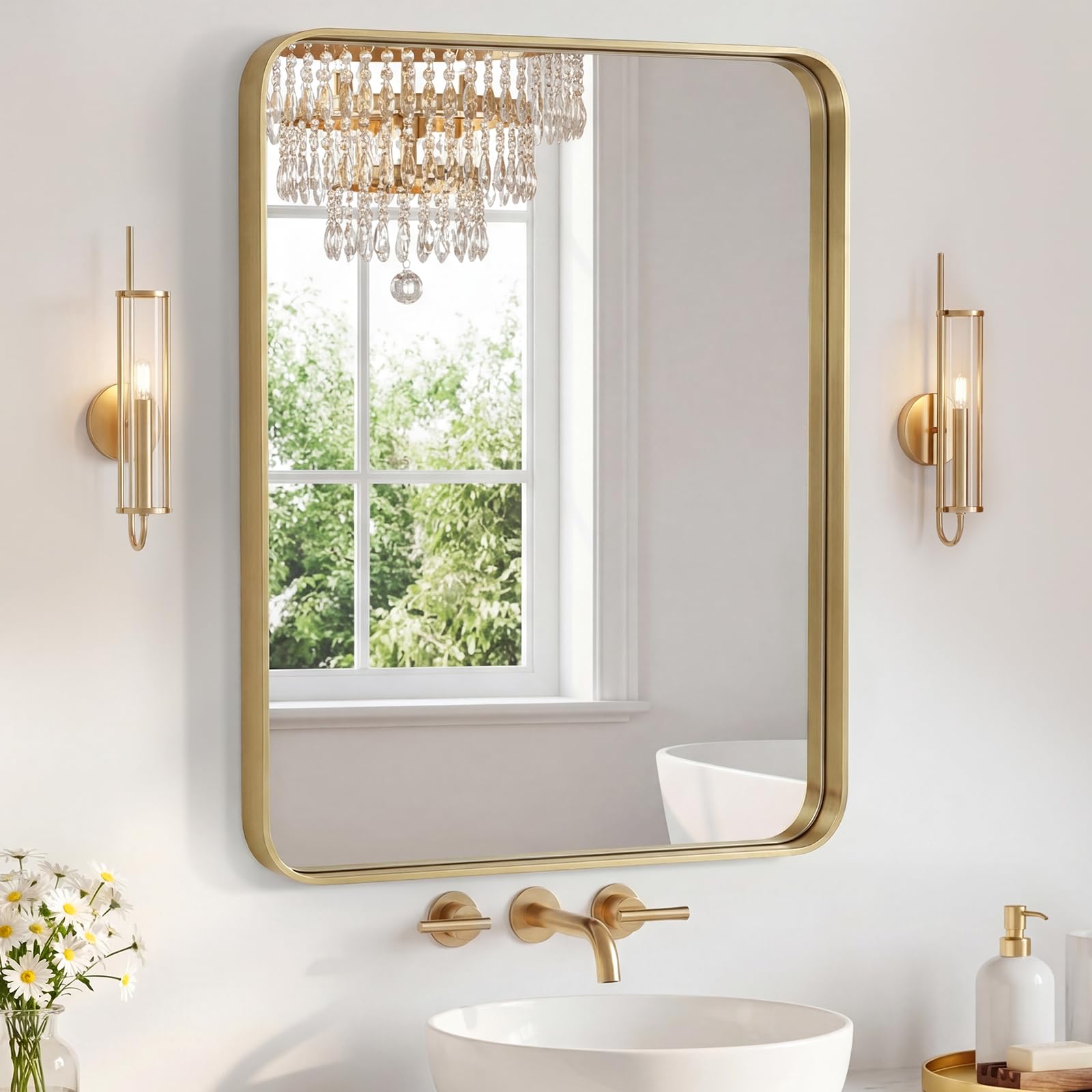 Sweetcrispy Bathroom Mirror 36x28 Inch Metal Framed Rounded Rectangle Vanity Mirror for Wall, Over Sink, Farmhouse, Restroom, Anti-Rust, Modern Decorative, Horizontal or Vertical Hanging, Gold