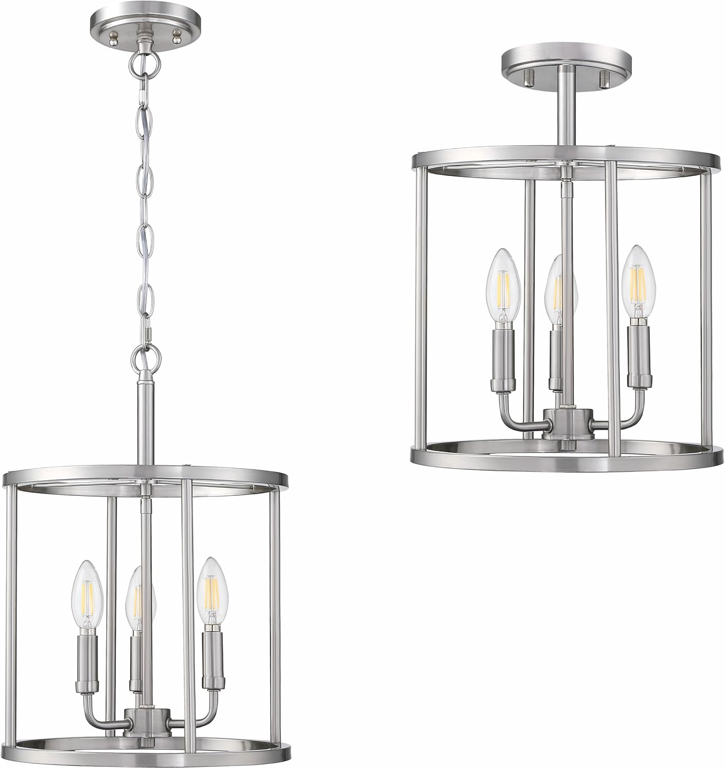 Doraimi Lighting 3-Light Hanging Lantern Pendant Light Fixture Brushed Nickel Finish Geometric Chandelier Adjustable Chain Metal Cage Pendant Lighting for Kitchen Island Dining Room Foyer
