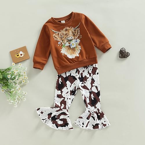 Miniatura 2 de Conjunto casual de sudadera con cuello redondo y pantalones acampanados occidentales para niñas pequeñas, ropa de otoño e invierno