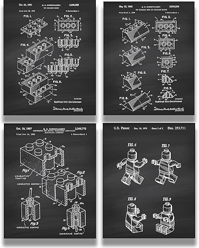 Govivo Legos Patent - Un conjunto de cuatro patentes de Lego - Impresiones decorativas de pared con fondos gris oscuro - ilustraciones sin marco