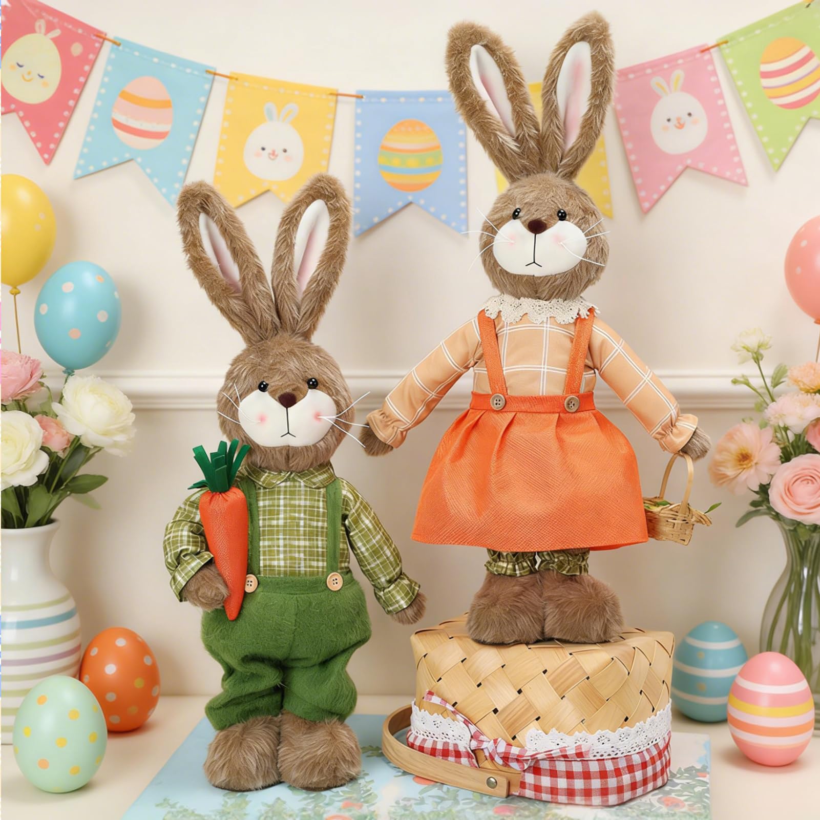 2 Stück Osterhasen Figuren, 61cm Plüsch Osterhase Deko Figur, Stehende Osterdeko mit Teleskopbeinen, Niedlich Ostern Deko Hase Moderne Frühlingsdeko Osterschmuck für Tisch, Zuhause Wohnzimmer