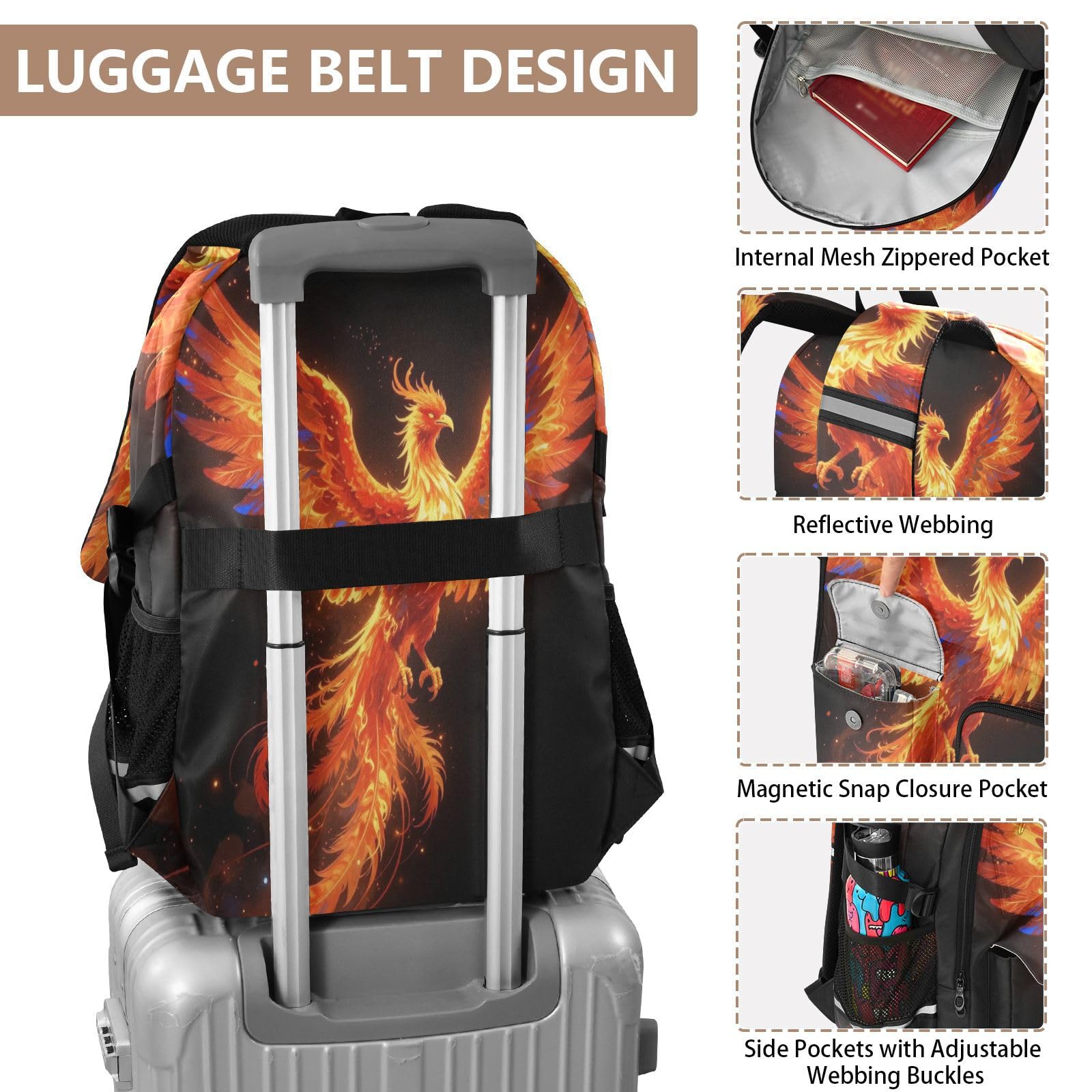 Grande zaino da viaggio Fire Flame Phoenix Bird Work Bookbag 44,5 cm