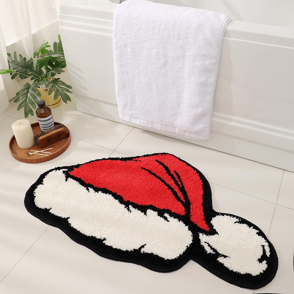 Cute Christmas Santa Claus Cap Bath Mat for Living Room Cool Funny Fluffy Bathroom Rugs Aesthetic Non Slip Fluffy Machine Washable Bath Floor Mat Water Absorbent Bath Rug