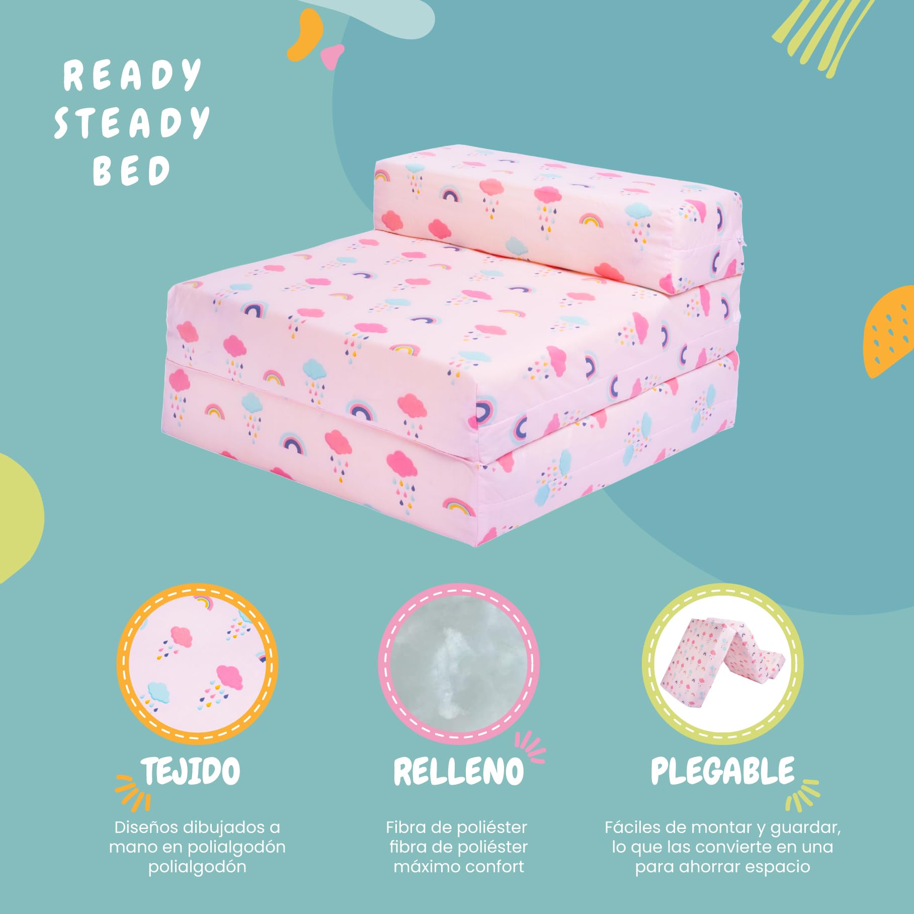 Ready Steady Bed Kids Sofá Cama Plegable | Silla de Dormir para Niños Individual y Resistente al Agua | Mueble Cómodo para Niños para Sala de Estar, Cuarto de Juegos y Dormitorio (Arcoíris)