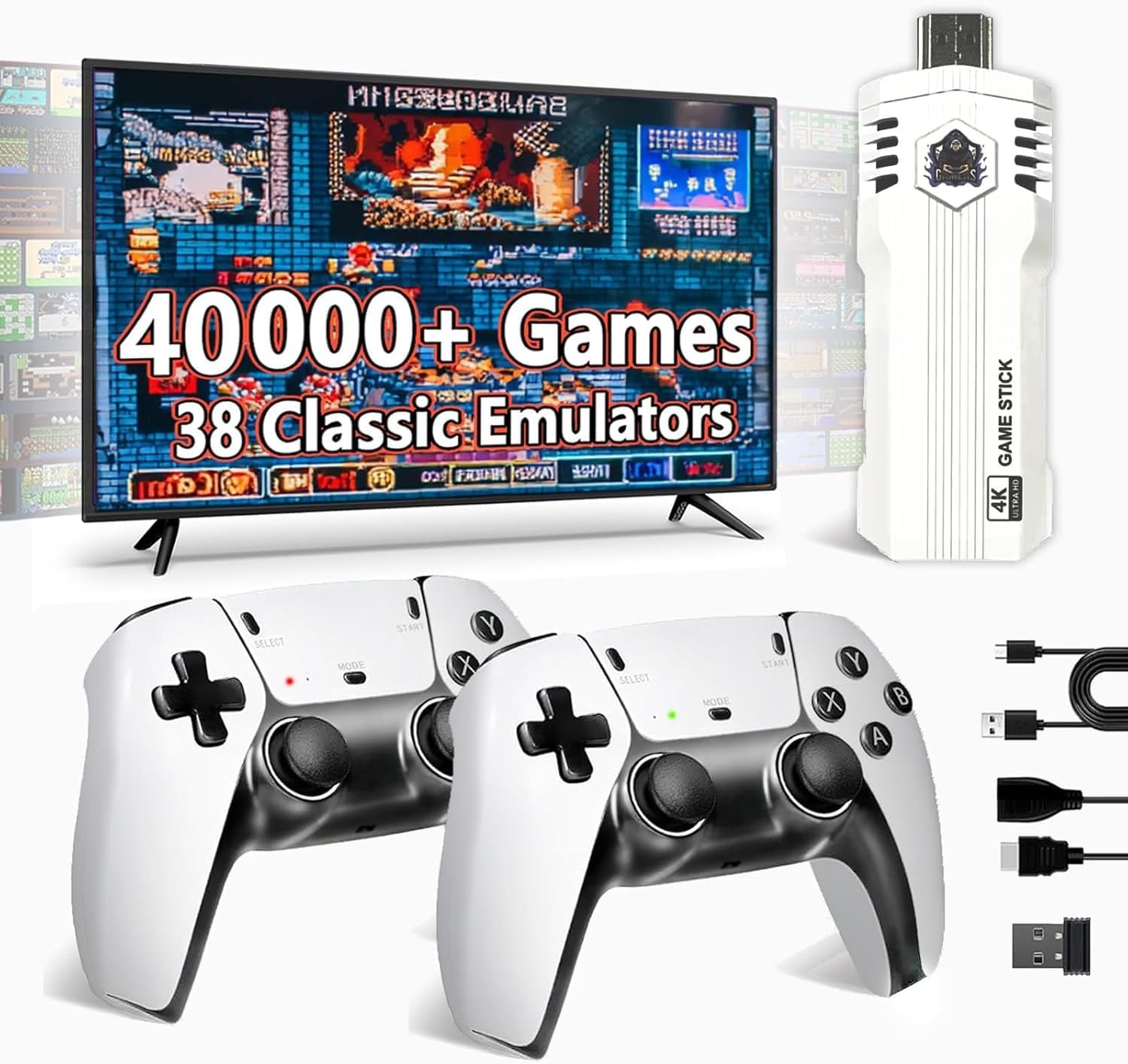 Upgrade Retro Game Stick Pro, Wireless Retro Gaming Console with 40000+ Games, Built-in 38 Game Emulators, Plug and Play Video Games for TV, 4K, Retro Game Console with Dual 2.4G Controllers