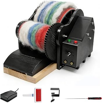 Electric Wool Carding Machine with Foot Switch Drum Carder for Wool Processing, Steel Needle Cloth Blending Board, Electric Spinning Wheel for Fiber Preparation