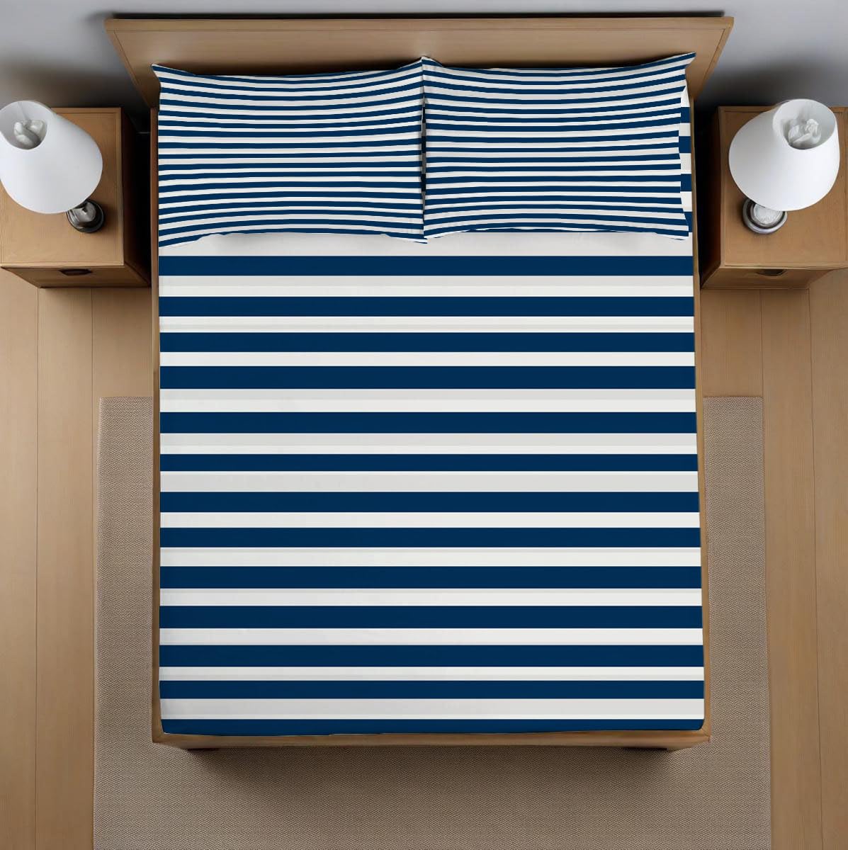 Sábana Bajera Ajustable 3 Piezas 150x200cm, Estampado Simple Rayas Juegos de Cama, Tema Náutico Microfibra Transpirable 30 cm de Profundidad con 2 Fundas de Almohada, Azul Oscuro