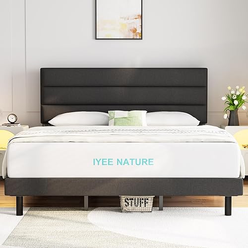 IYEE NATURE Plataforma tapizada para cama matrimonial con cabecero y listones de madera fuertes, fuerte capacidad de peso, antideslizante y sin