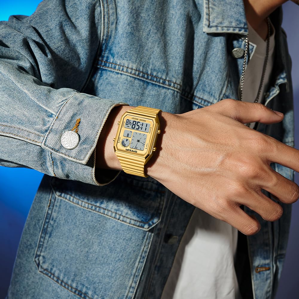 Gosasa Reloj digital cuadrado retro para hombre, correa de metal texturizado