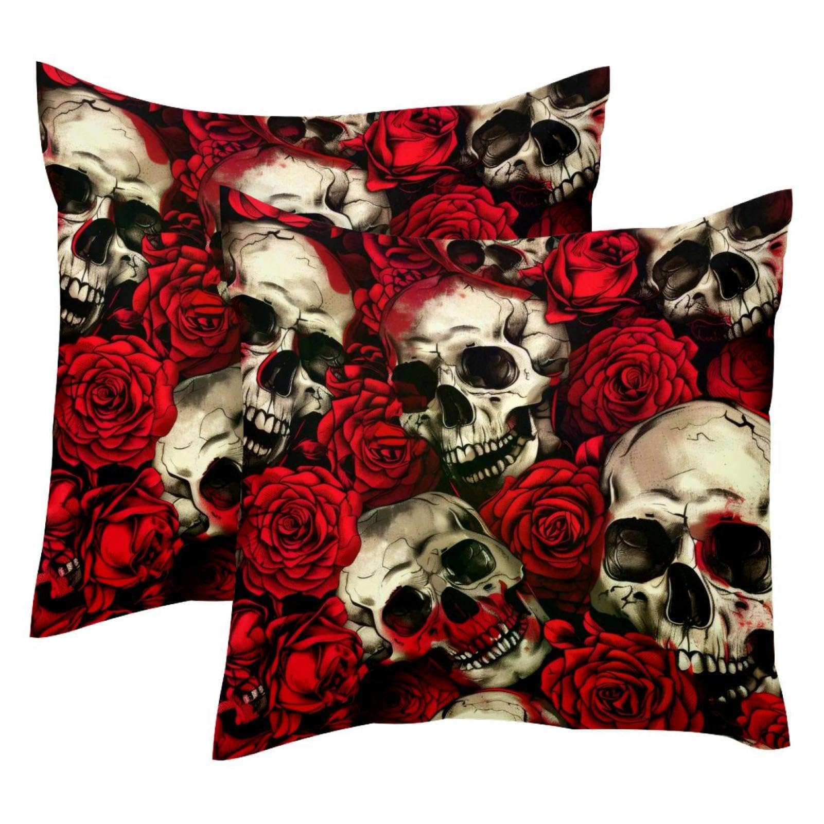 Housses de coussin velours motif tête de mort et rose rouge 50x50 cm lot de 2