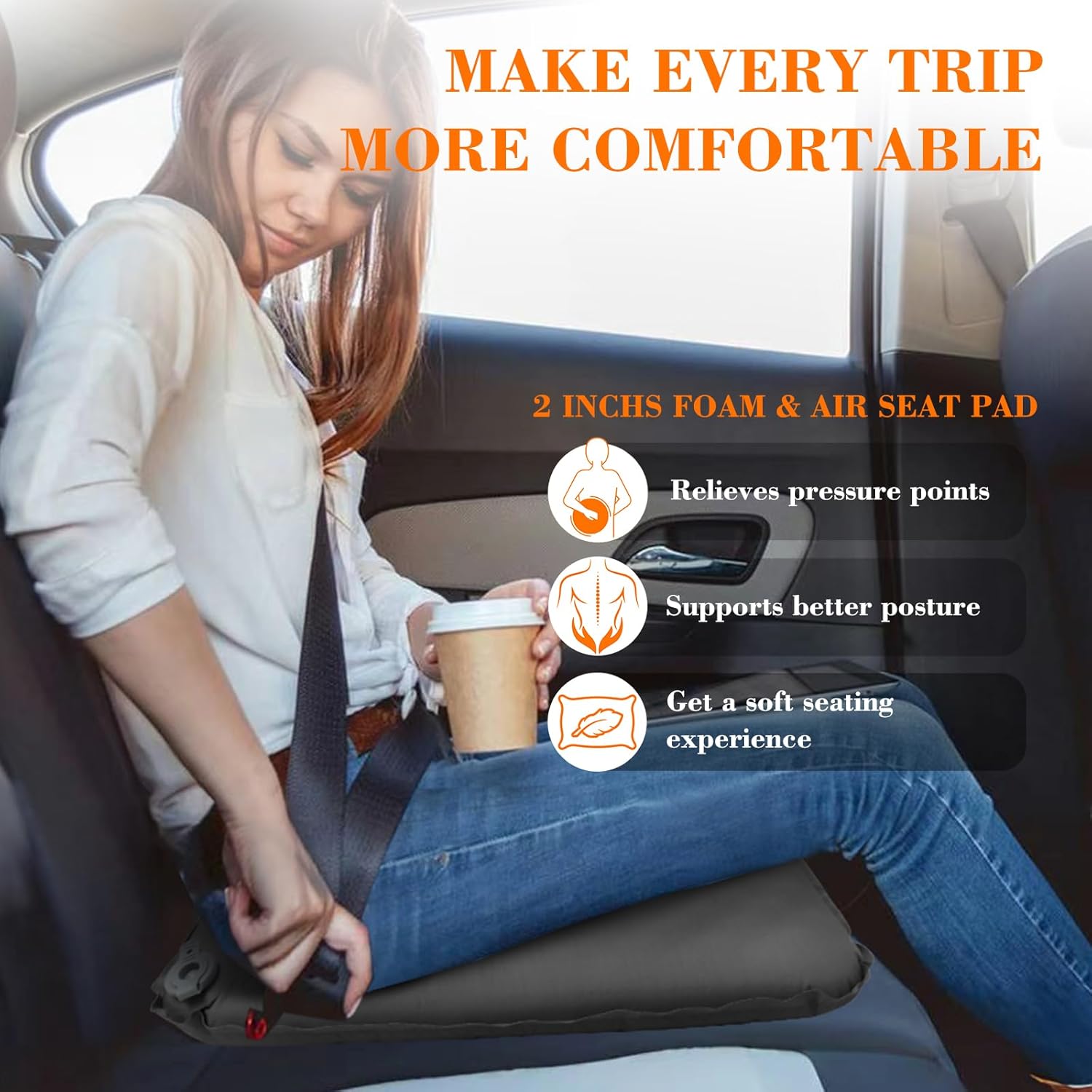 Inflatable Seat Cushion, Self-Inflating Memory Foam Stadium Seats Cushion Portable Camping Air-Foam Sitting Pad for Travel Airplane Car Bleachers Backpacking Office, Lightweight & Compact