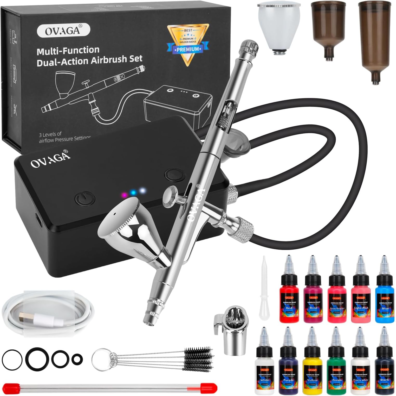 OVAGA 32PSI Airbrush Kit with Compressor, Rechargeable Multi-Function Dual-Action Airbrush Set Portable with Airbrush Paint Set 11 Colors for Painting Makeup Cake Decor Model Coloring Nail Art, Black
