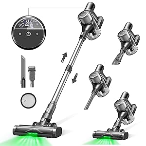 Ultenic U12 Vesla Aspiradora sin Cable 45Kpa, Tecnología Luz Verde y Antienredos, Aspirador Escoba Potente Autonomía 45mins, Batería Extraíble, para Mascotas, Alfombras, Coche