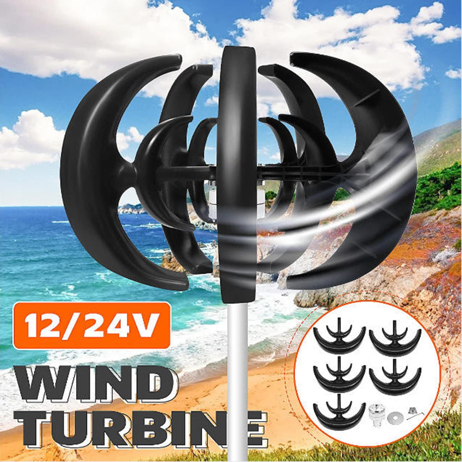 Kit turbina eolica ad asse verticale trifase da 1000 W, kit turbina eolica da 12 V/24 V, generatore eolico ibrido Maglev a 5 pale, regolazione automatica della direzione del vento per terrazza, mari