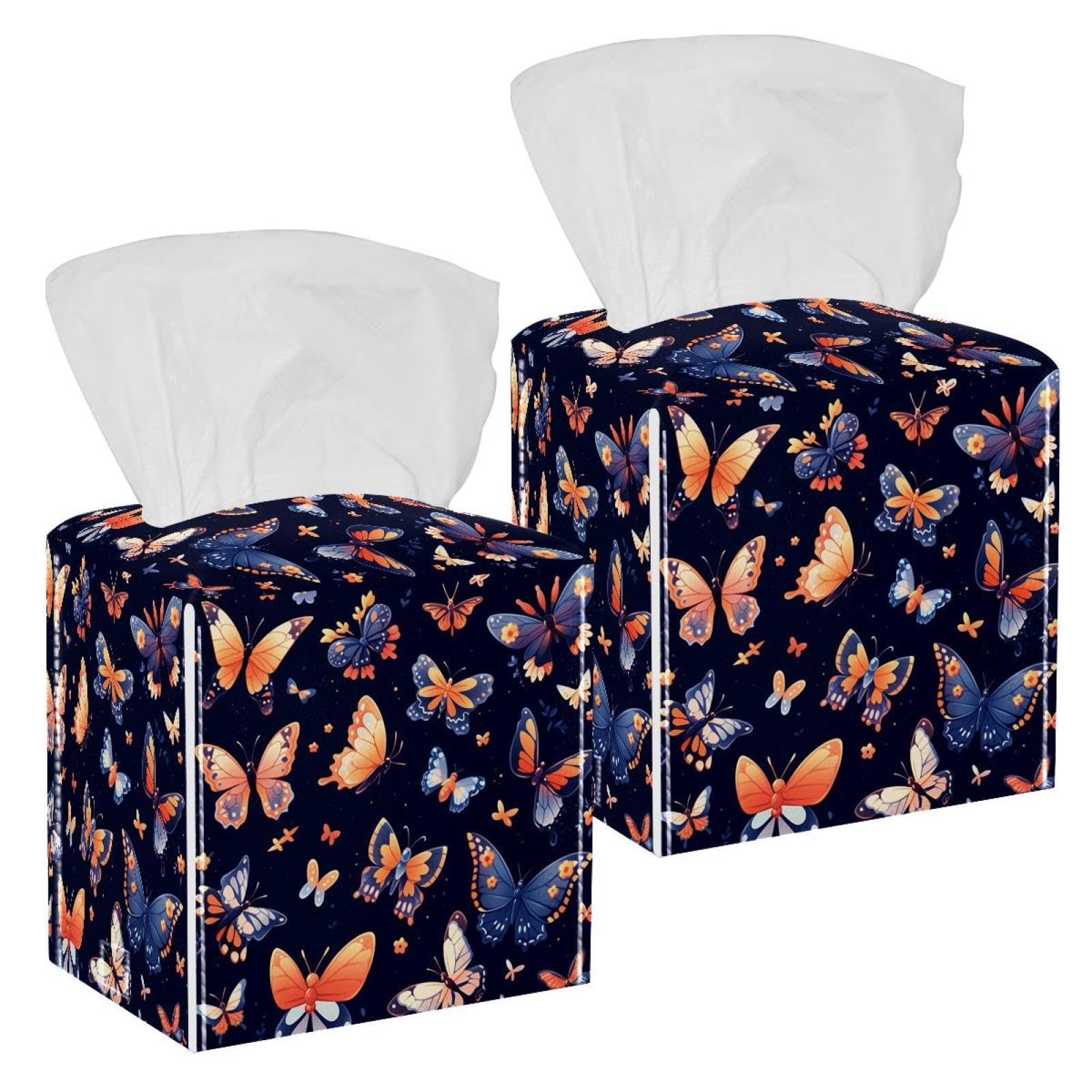 Aesthetic Butterfly Tissue Box Cover, 2 Pack PU Leather Square Facial Tissue Dispenser Box holder for Home Office Car