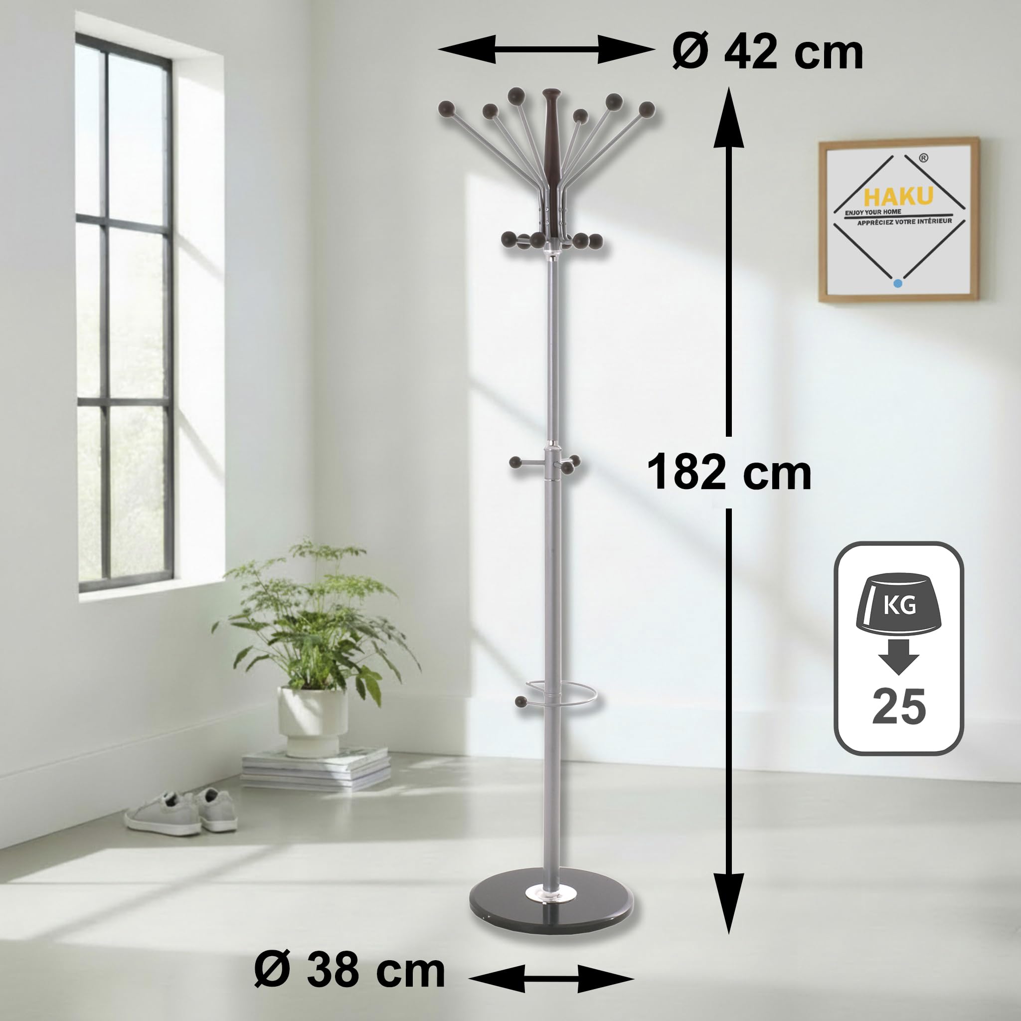HAKU Appendiabiti da terra alluminio, marrone scuro, Marmo, Metallo Appendiabiti per giacche - Dim. A 182 cm x Ø 42 cm, Stile Moderno