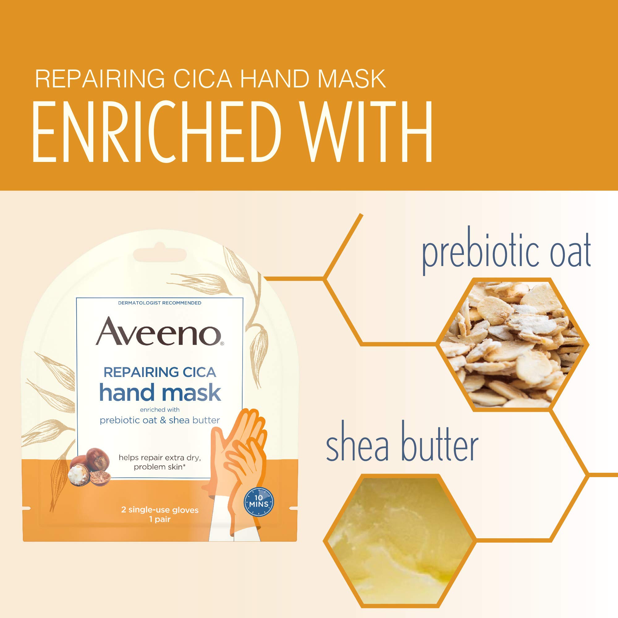 Aveeno Repairing Cica Hand Mask with Prebiotic Oat and Shea Butter, 6 Count