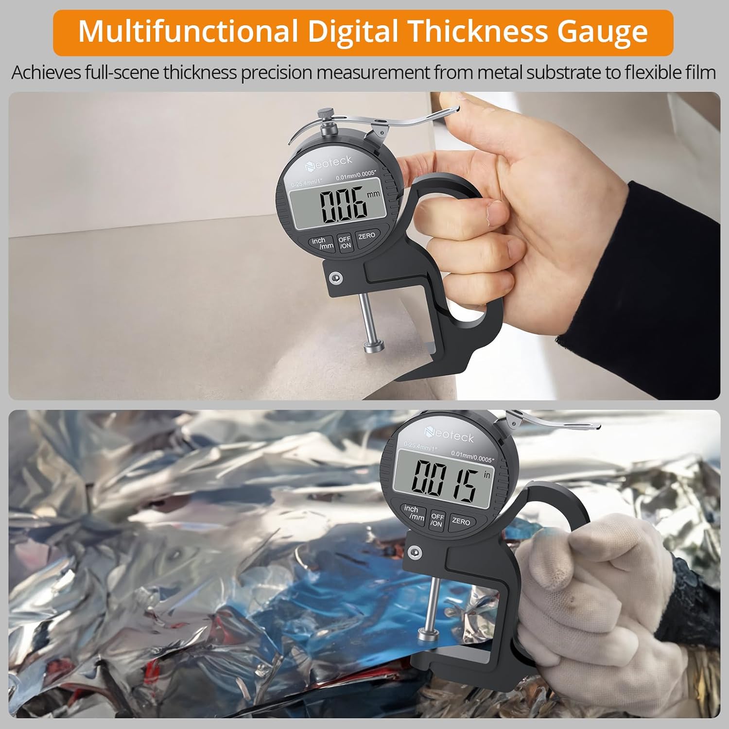 Neoteck Digital Thickness Gauge 1inch/25.4mm,0.0005inch/0.01mm LCD Display with Inch/MM Conversion One-Hand Quick Press Thickness Measuring Tool for Leather Paper Fabric Film etc.-Silver-Black