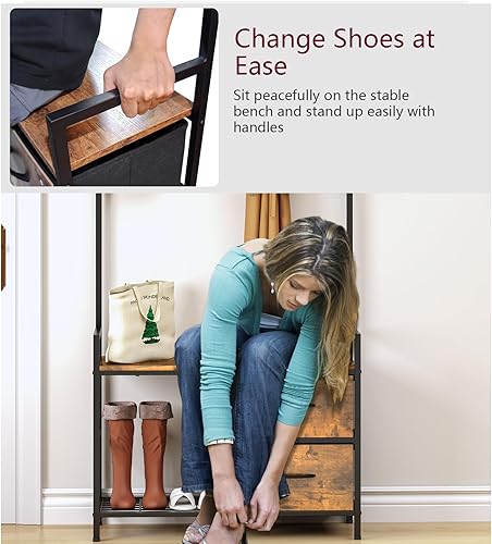 Miniatura 6 de aboxoo Árbol de pasillo con banco de almacenamiento, perchero, estantes de 2 niveles, cesta de almacenamiento de tela, 10 ganchos, organizador