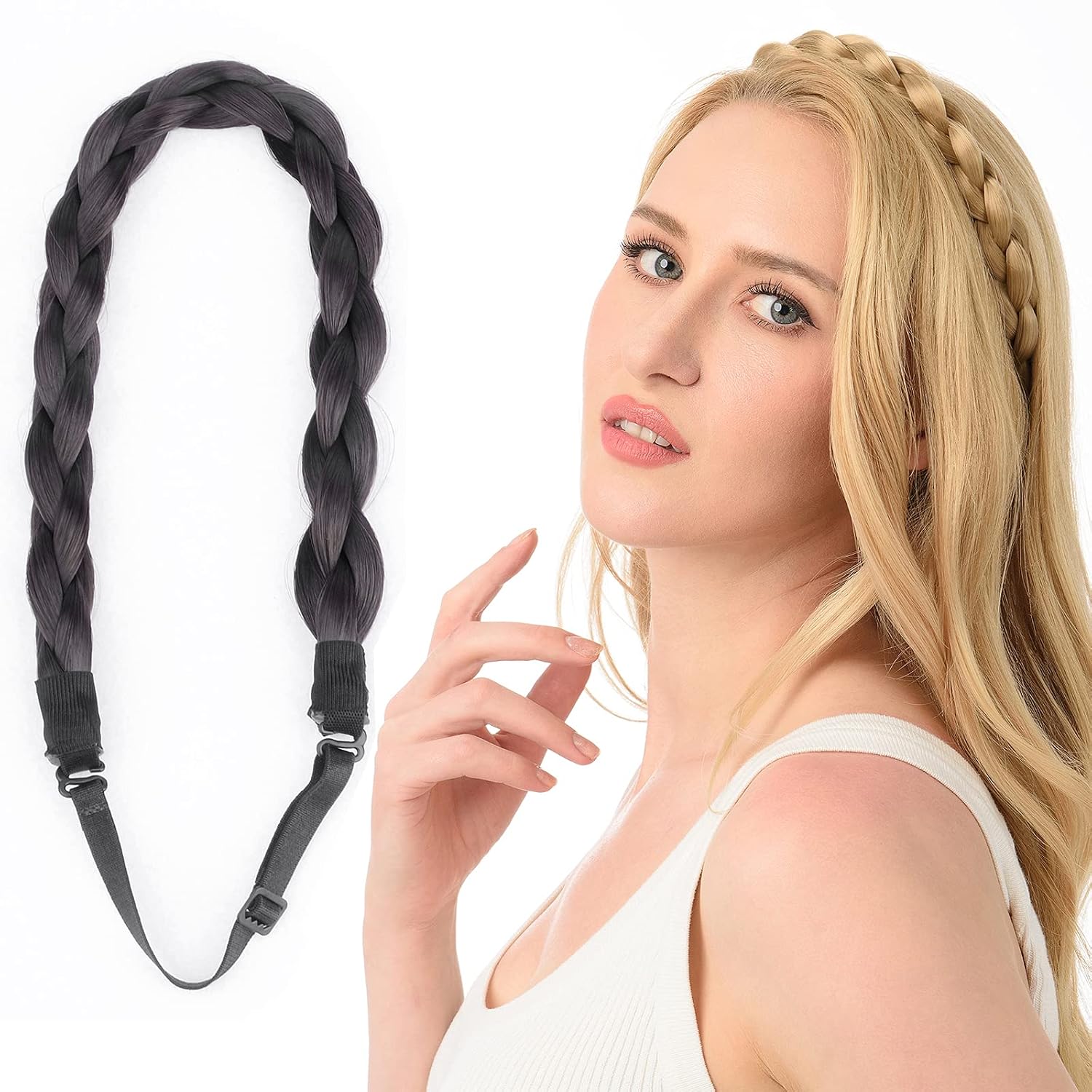 Chubby Narrow Synthetic Hair Braided Headband Classic Chunky Plaited Braids Elastic Stretch Hairpiece Women Girl Beauty accessory, 58g (Golden Red)