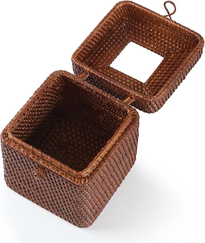 Rattan Square Tissue Box Cover, 5.7" x 5.7" x 5", Decorative Woven Facial Tissue Holder with Hinged Top Lid, Brown