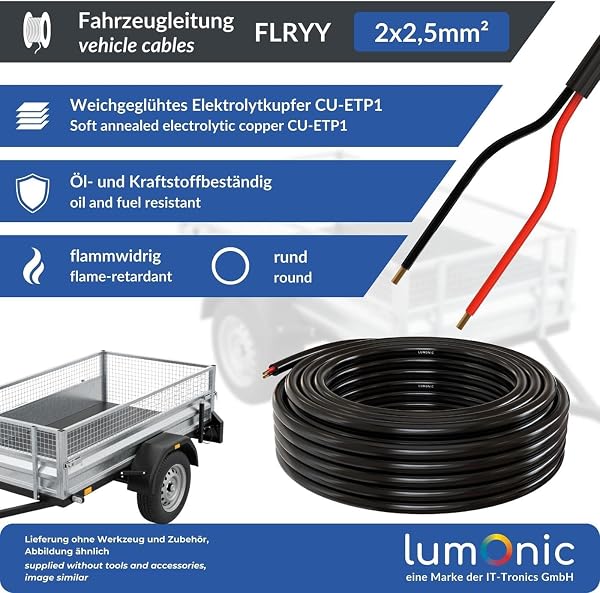 Lumonic 20m FLRYY Câble de véhicule 2x2,5mm² Noir | 2 Fils | Câble de remorque | câble Automobile multiconducteur | Résistant aux huiles et aux carburants, Ignifuge | Basse Tension - 2