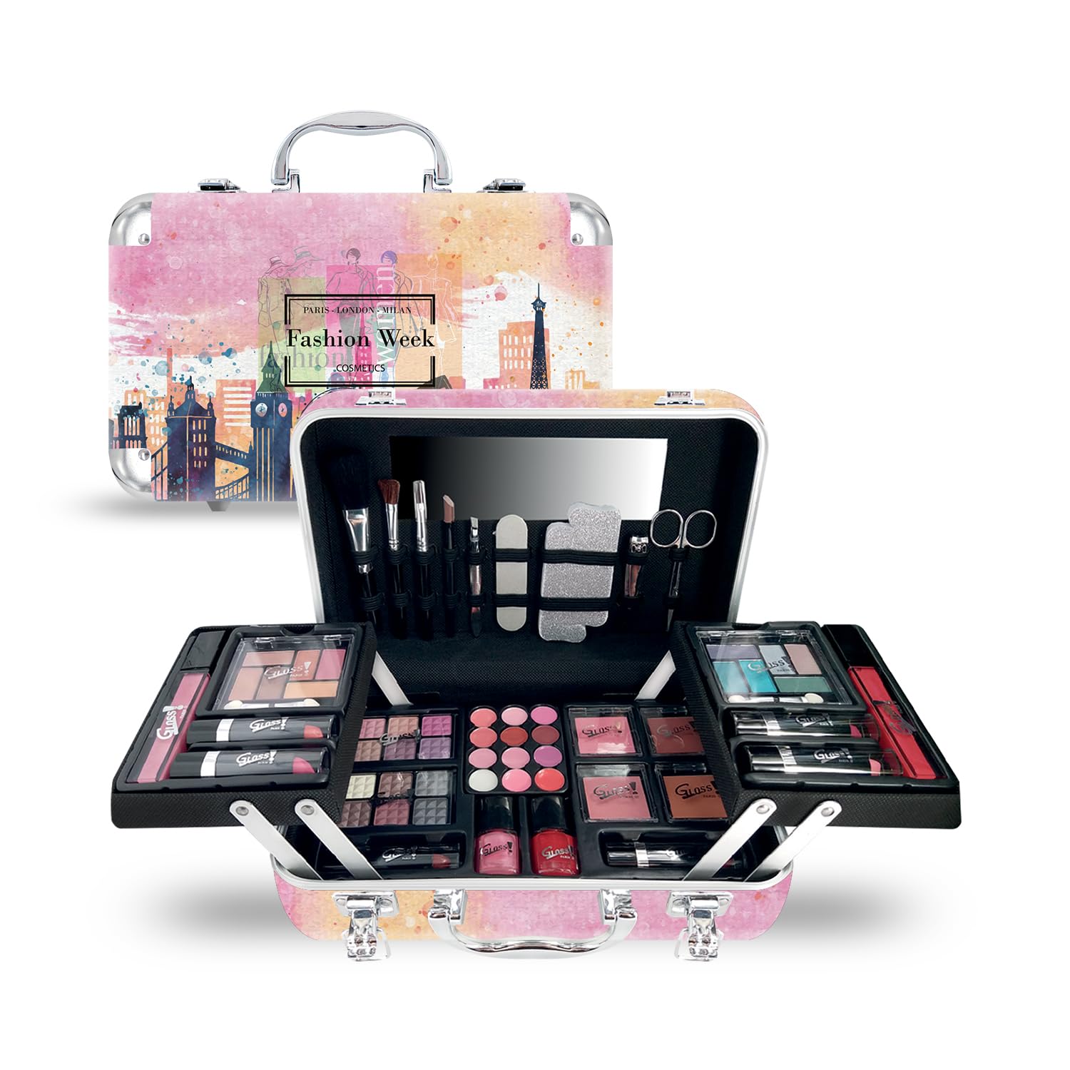 GLOSS! Pomysł na pudełko kosmetyczne dla kobiet | pudełko prezentowe dla kobiet | prezenty świąteczne | Paris XL paleta do makijażu dla kobiet | 60 sztuk: róż, cień do powiek, szminka, lakier do