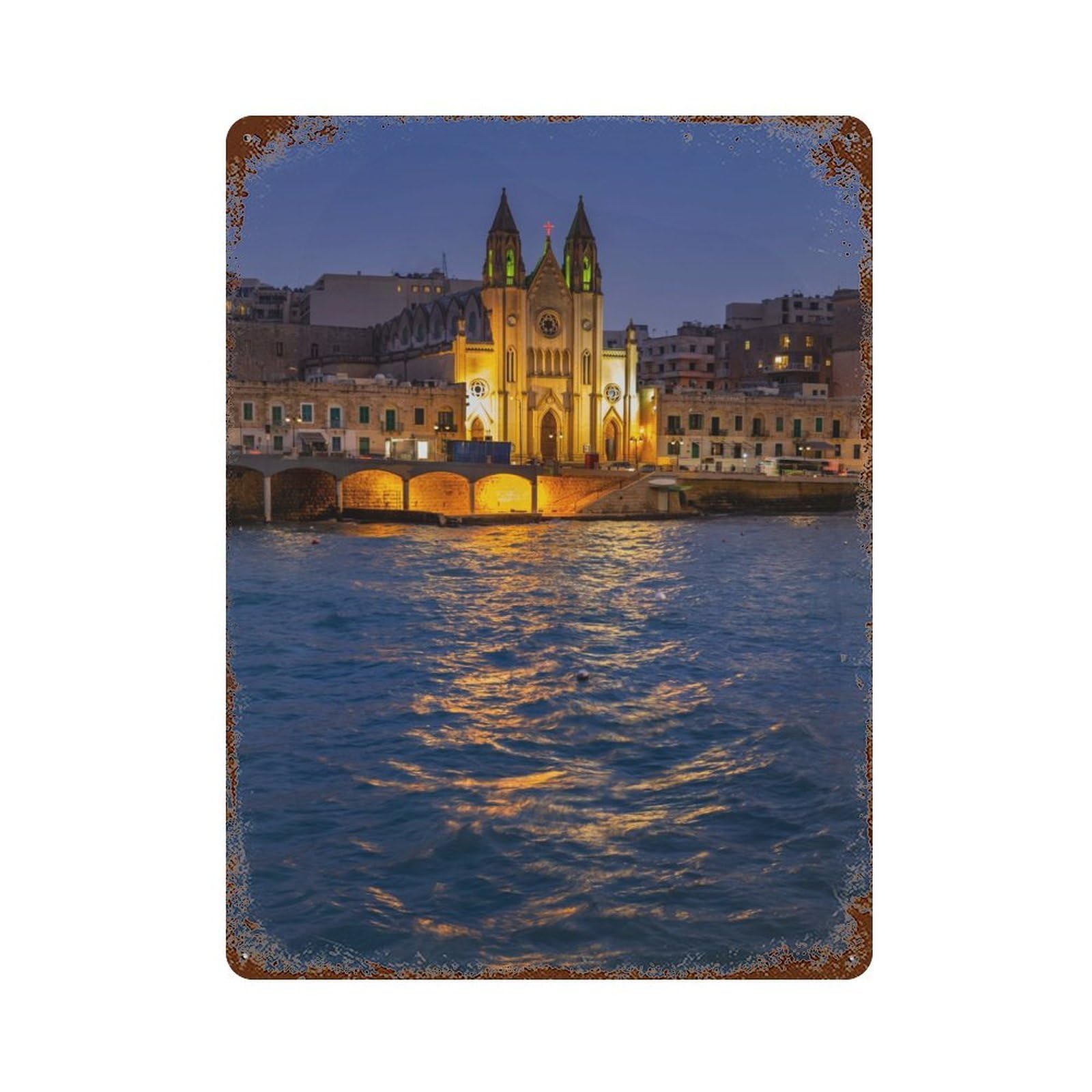 St Julian Town In Malta Vintage Wall Sign 15.7"x11.8", Rust Effect Metal Decor for Living Room, Hallway And Home Decor