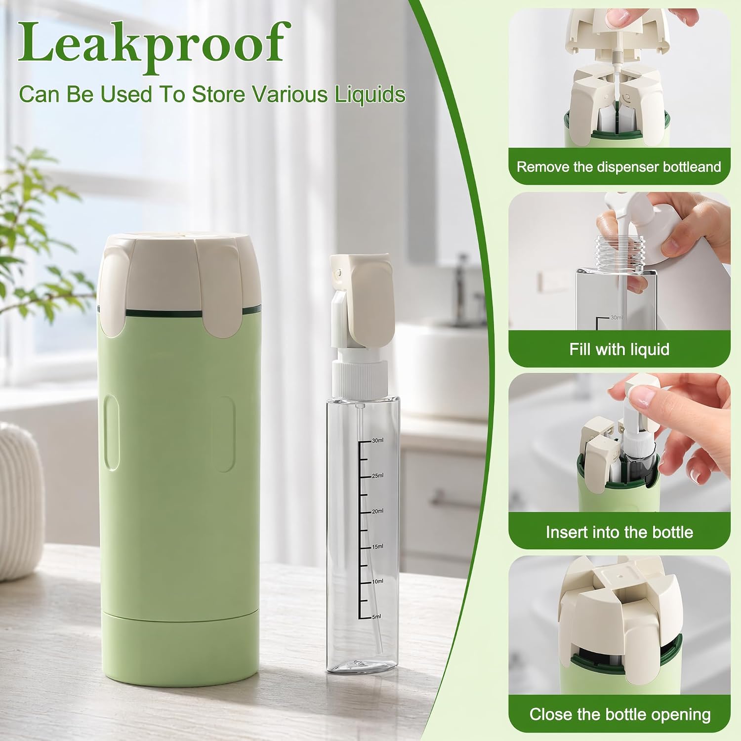 4 in 1 Travel Dispenser,4 Pack 30ML Travel Pump Bottles for Toiletries, Leak Proof Containers with Measurement Scale & Label Stickers, Portable Bottles for Toiletries, Shower & Travel (Green)
