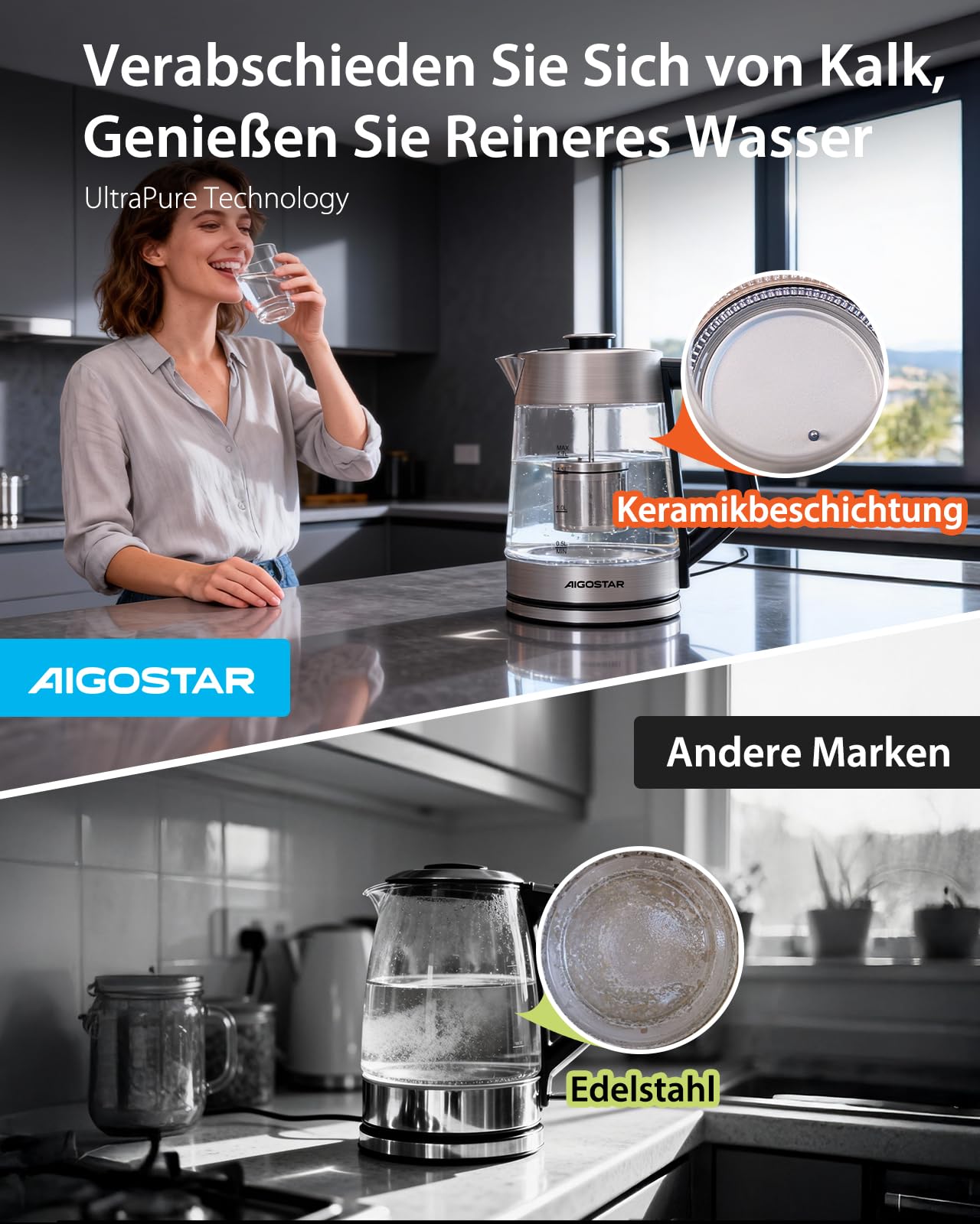 Aigostar Wasserkocher mit Temperatureinstellung, Edelstahl & Glas, BPA-frei | Keramikbeschichtung Kalkfrei Teemaschine, 1,7 Liter, 2200 Watt, Schnelles Kochen, Warmhaltefunktion, für Büro & Partys
