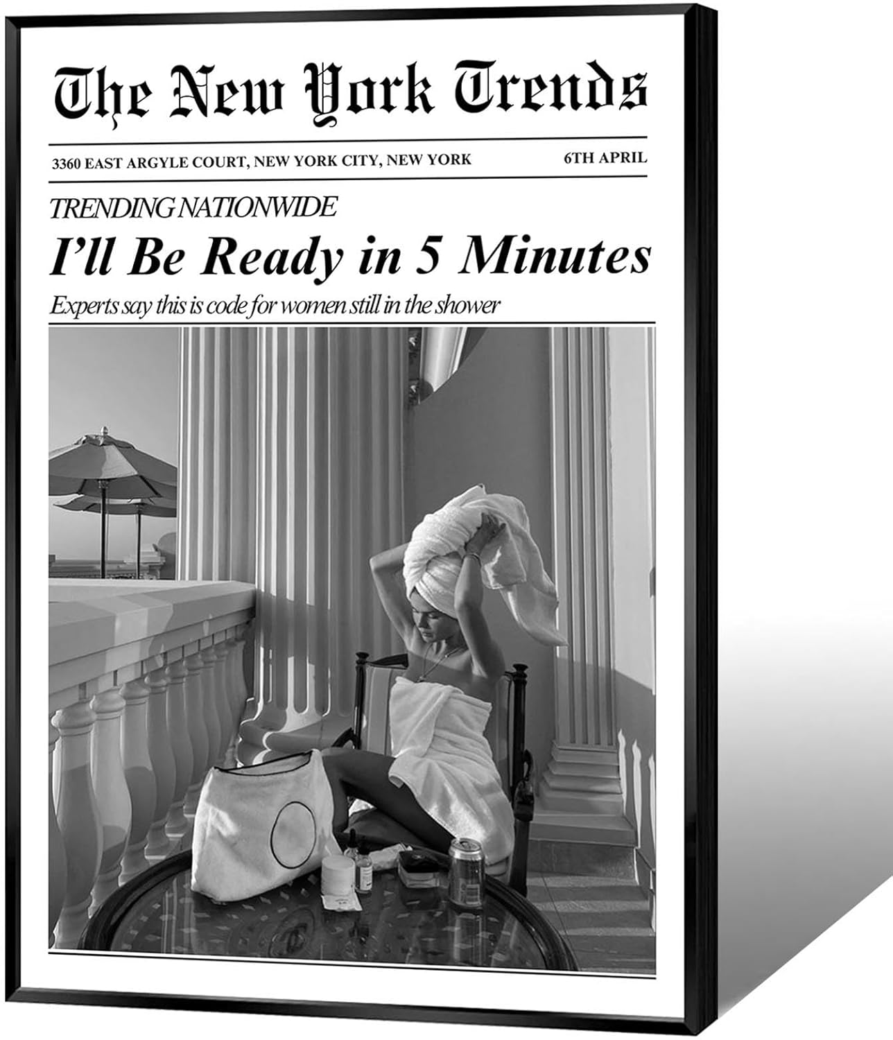 Vintage Black White Newspaper Wall Art I'Ll Be Ready In 5 Minutes Posters Feminism Stylish Glam Girl Canvas Print Wall Decor For Girl Dorm Bedroom Bathroom 12X18 in Black Framed Ready To Hang